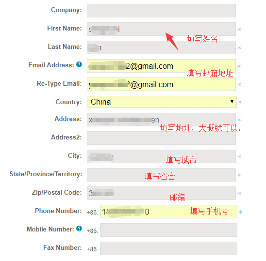 填写姓名、邮件、国家、手机等更具体的信息