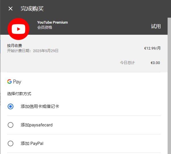 youtube会员支付方式